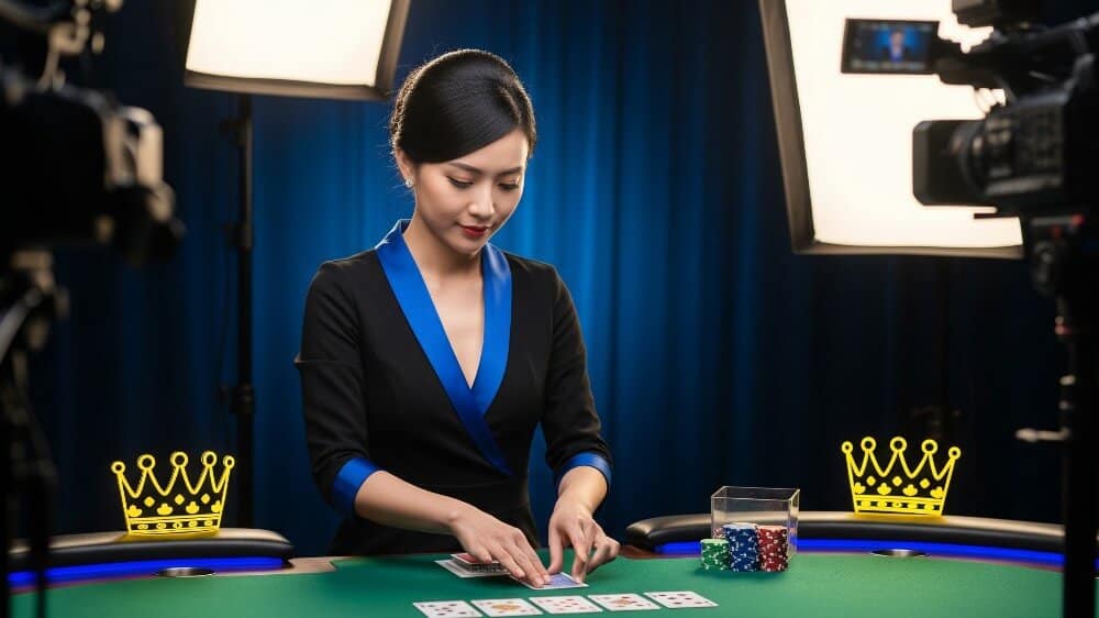 Dealer wanita profesional sedang membagikan kartu poker secara langsung dalam studio streaming dengan pencahayaan terang dan suasana elegan