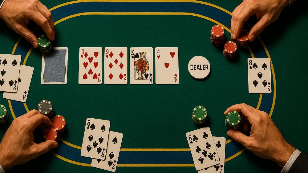 Meja poker profesional dengan kartu komunitas terbuka dan chip taruhan, menunjukkan suasana permainan strategis dan fokus pada kombinasi kartu poker.