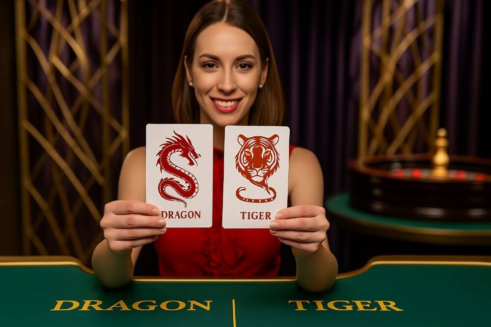 Dealer Dragon Tiger live memegang dua kartu di atas meja kasino