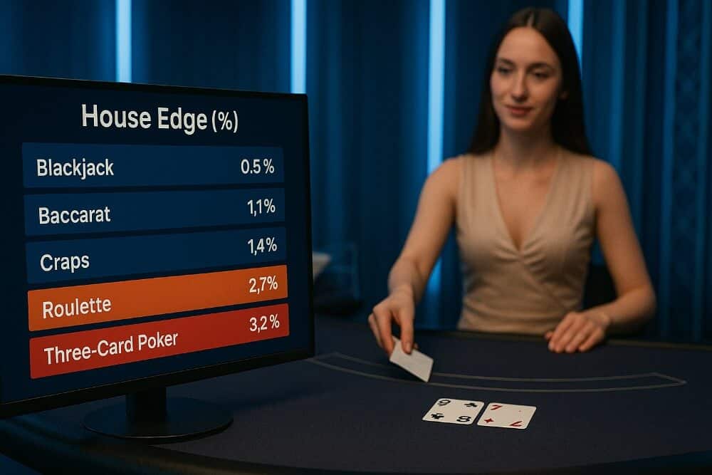 Dealer blackjack live membagikan kartu sambil menampilkan statistik house edge di layar kasino