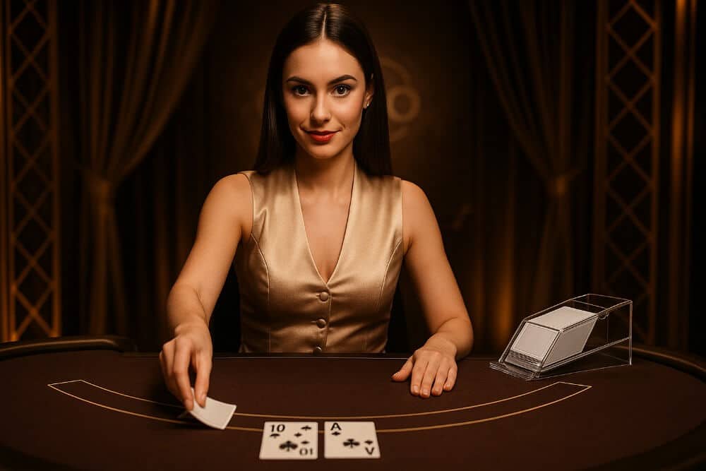 Dealer wanita sedang membagikan kartu blackjack live dengan kombinasi kartu 10 dan As di atas meja kasino.