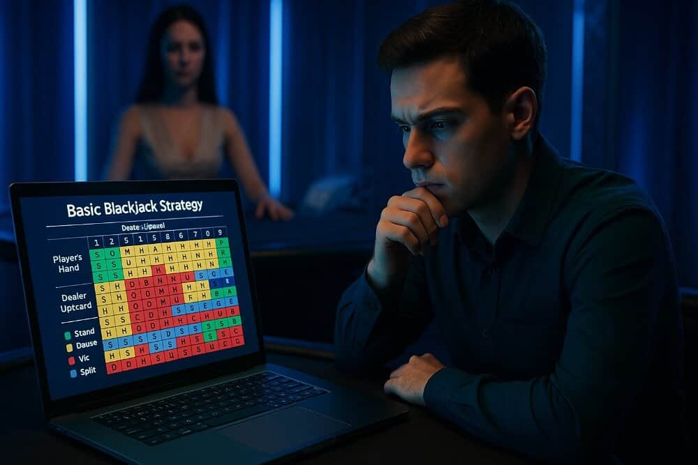 Pemain blackjack sedang membaca strategi dasar di layar sambil bermain di meja live casino.