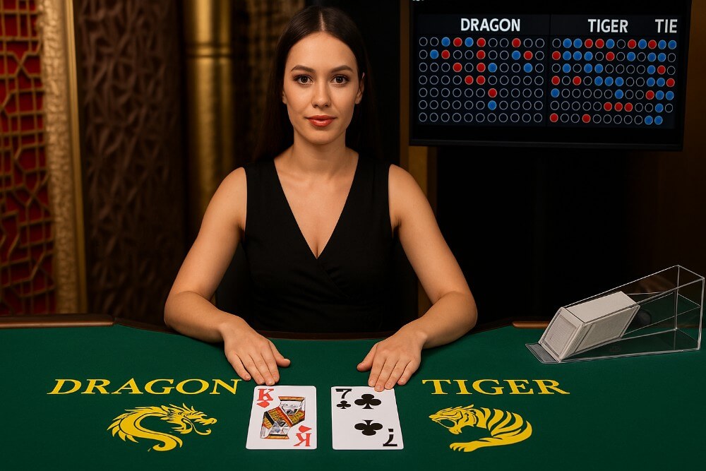 Tampilan meja Dragon Tiger live dengan dealer dan dua kartu yang terbuka